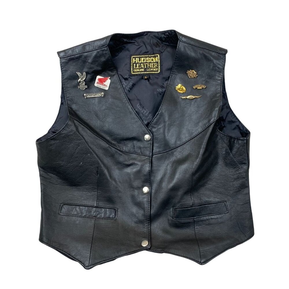 Vintage Hudson Leather Motorcycle Vest Large Black Honda Amiracade Pins Classic